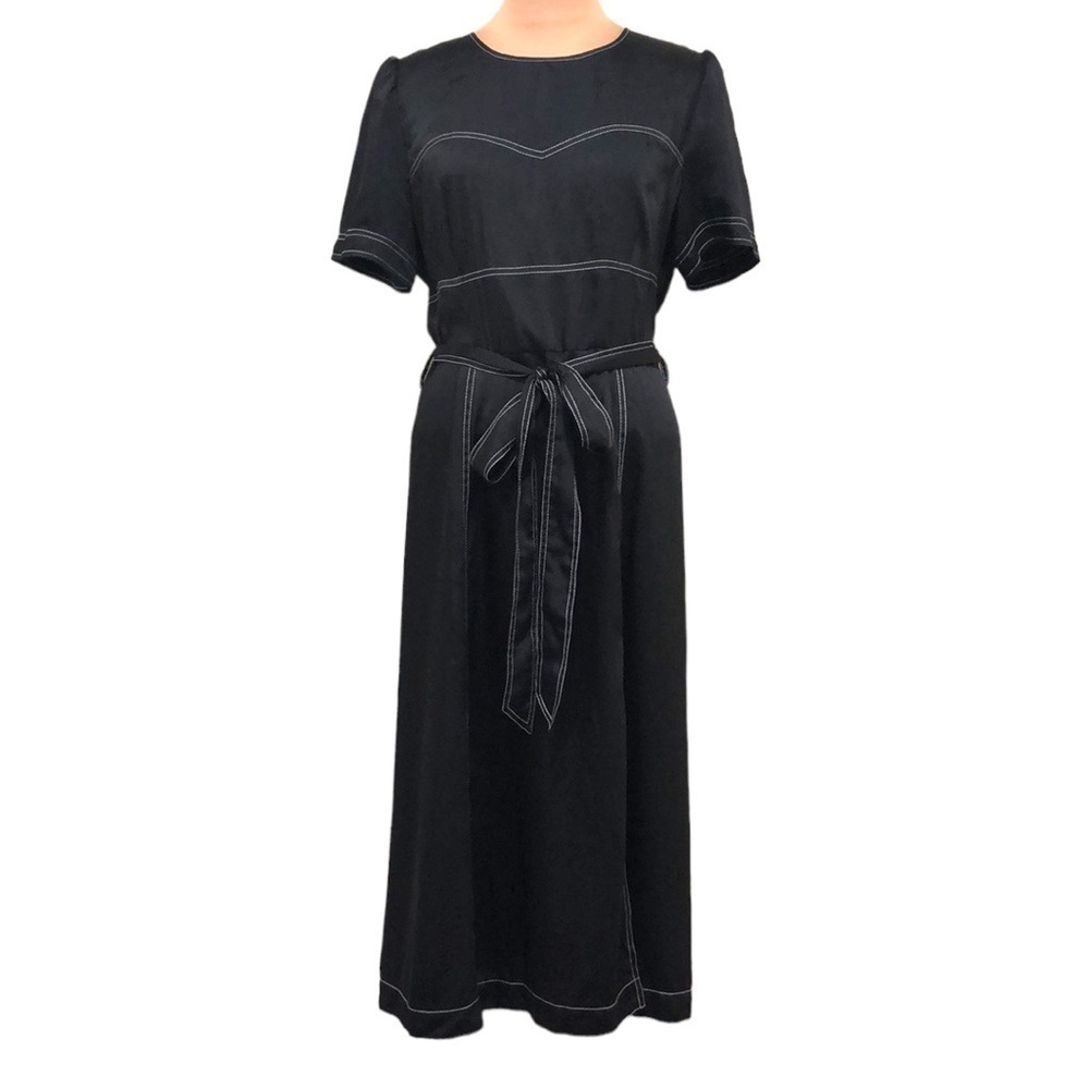 Great Jones Contrast Stitch Midi Dress Size 14 Black Fit and Flare Front Slit